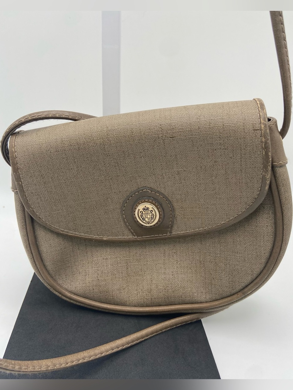 Vintage 1980s Liz Claiborne Crossbody Saddle Bag TaupeLeather Trim-Made in Korea